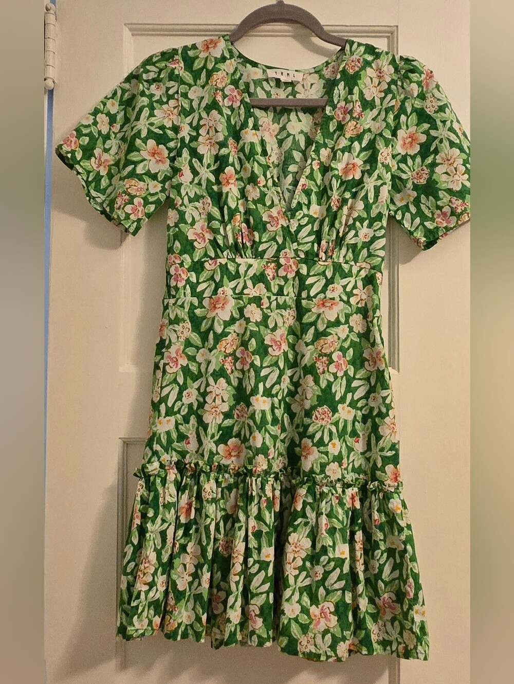 THML Green Floral V-Neck Mini Dress, Size XS